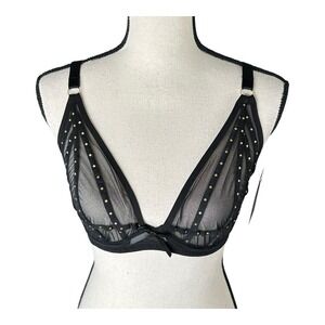 Frederick's Of Hollywood Women's 34DD Rozlyn Mesh‎ and Stud Black Bra